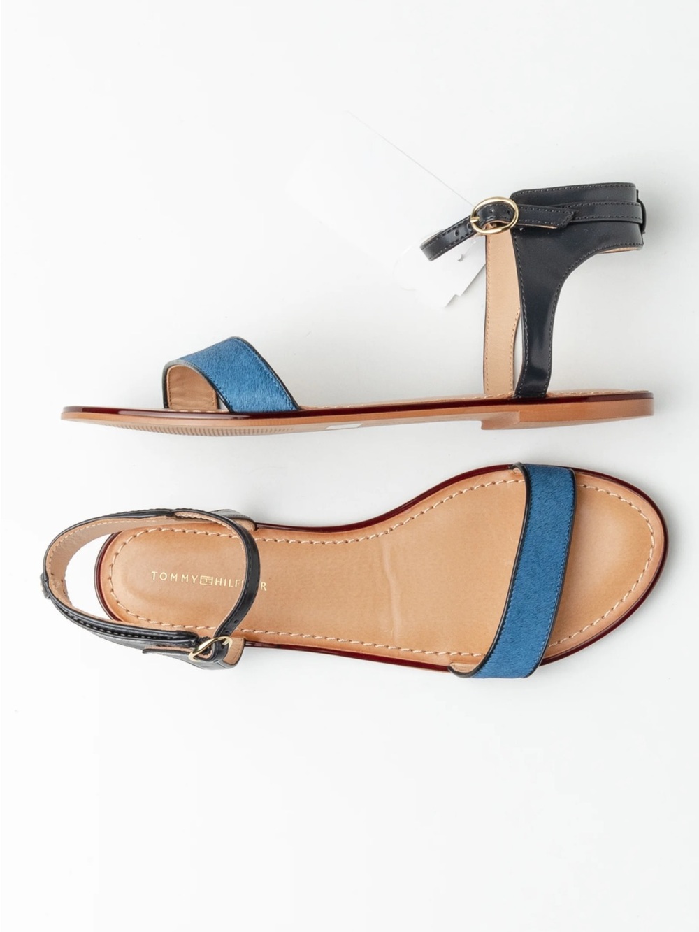 Boho Tommy Hilfiger women’s sandal brown leather footbed blue calf hair Size 7